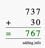 Calculate 737 + 30 using long addition