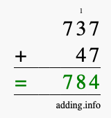 Calculate 737 + 47 using long addition