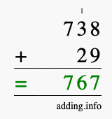 Calculate 738 + 29 using long addition