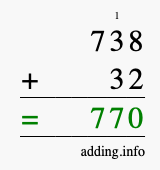 Calculate 738 + 32 using long addition