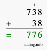 Calculate 738 + 38 using long addition