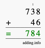 Calculate 738 + 46 using long addition