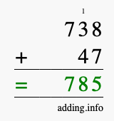 Calculate 738 + 47 using long addition