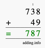 Calculate 738 + 49 using long addition