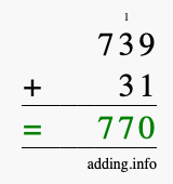 Calculate 739 + 31 using long addition