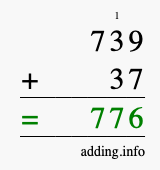 Calculate 739 + 37 using long addition