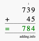 Calculate 739 + 45 using long addition