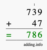 Calculate 739 + 47 using long addition