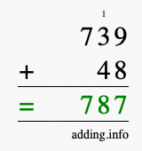 Calculate 739 + 48 using long addition