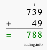Calculate 739 + 49 using long addition