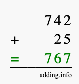 Calculate 742 + 25 using long addition