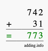 Calculate 742 + 31 using long addition