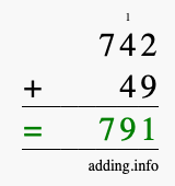 Calculate 742 + 49 using long addition