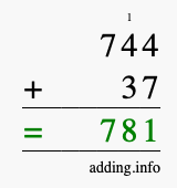 Calculate 744 + 37 using long addition
