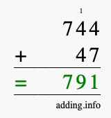 Calculate 744 + 47 using long addition