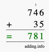 Calculate 746 + 35 using long addition