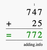 Calculate 747 + 25 using long addition