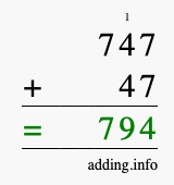 Calculate 747 + 47 using long addition