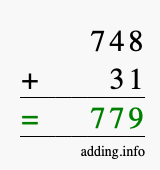 Calculate 748 + 31 using long addition