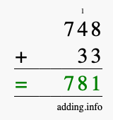 Calculate 748 + 33 using long addition