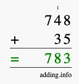 Calculate 748 + 35 using long addition