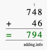 Calculate 748 + 46 using long addition