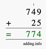 Calculate 749 + 25 using long addition