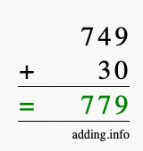 Calculate 749 + 30 using long addition
