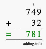Calculate 749 + 32 using long addition