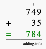 Calculate 749 + 35 using long addition