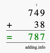 Calculate 749 + 38 using long addition