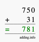 Calculate 750 + 31 using long addition