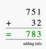 Calculate 751 + 32 using long addition