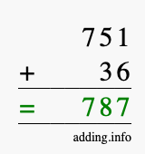 Calculate 751 + 36 using long addition