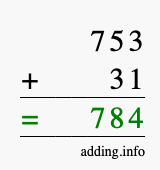 Calculate 753 + 31 using long addition