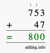 Calculate 753 + 47 using long addition