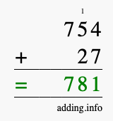 Calculate 754 + 27 using long addition