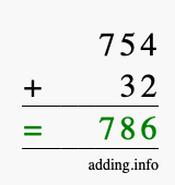 Calculate 754 + 32 using long addition