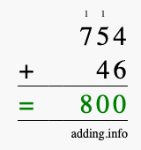 Calculate 754 + 46 using long addition