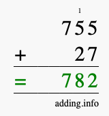 Calculate 755 + 27 using long addition