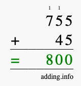 Calculate 755 + 45 using long addition