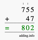 Calculate 755 + 47 using long addition