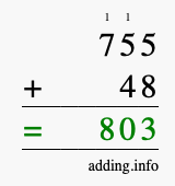 Calculate 755 + 48 using long addition