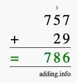 Calculate 757 + 29 using long addition