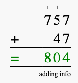 Calculate 757 + 47 using long addition