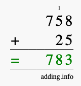Calculate 758 + 25 using long addition