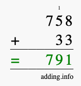 Calculate 758 + 33 using long addition