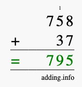 Calculate 758 + 37 using long addition