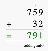 Calculate 759 + 32 using long addition