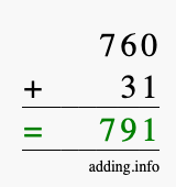 Calculate 760 + 31 using long addition
